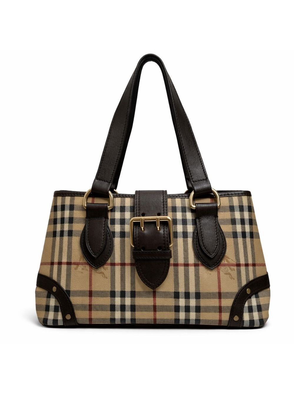 Burberry London Nova Check Tote Bag Brown Leather Plaid Shoulder Purse